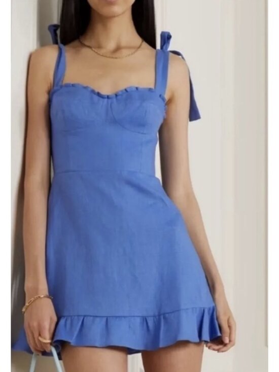 Reformation Dresses & Skirts - REFORMATION Desiree Linen Mini Dress Dusk Blue US 6 Coquette Smocked